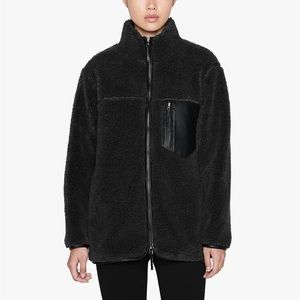 Annie Bing Ryder Jacket in Black Fleece with Leather Trim